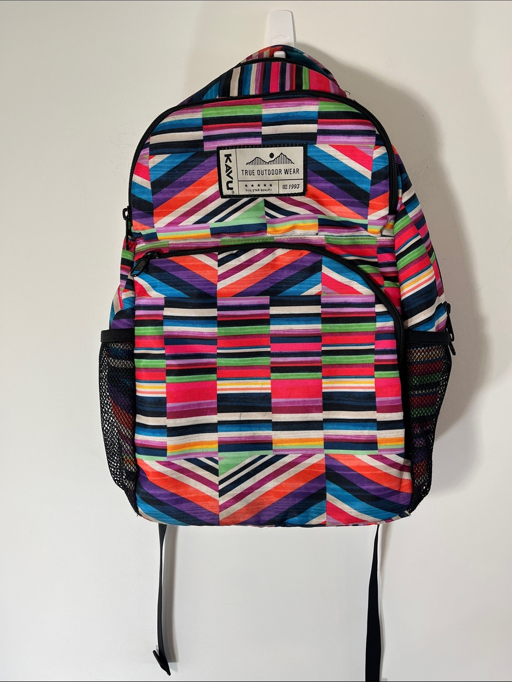 KAVU Packwood Backpack in the colorful "Color Run" or striped pattern